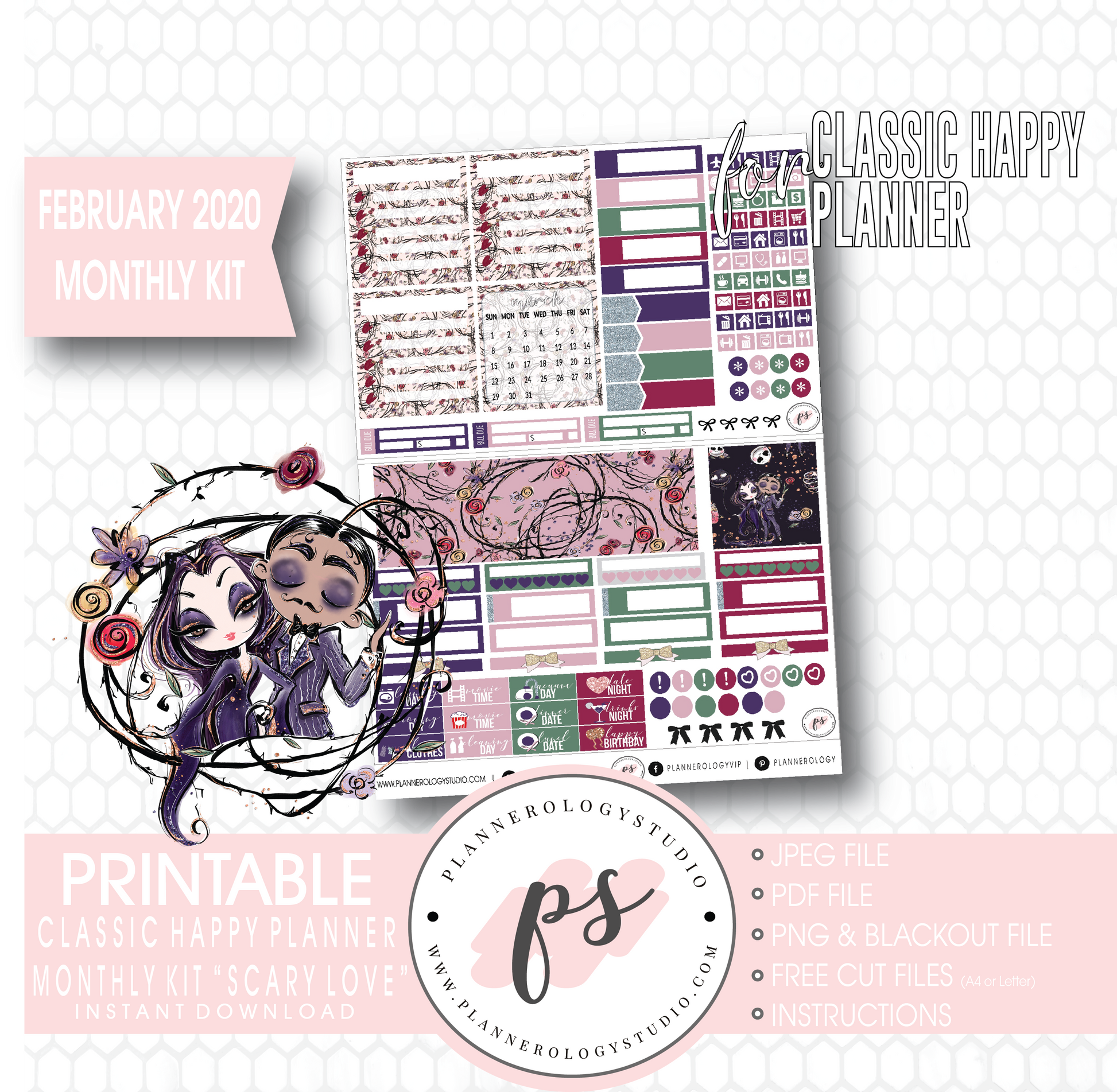 Scary Love (Valentines Day) February 2020 Monthly View Kit Digital Printable Planner Stickers (for use with Classic Happy Planner) - Plannerologystudio