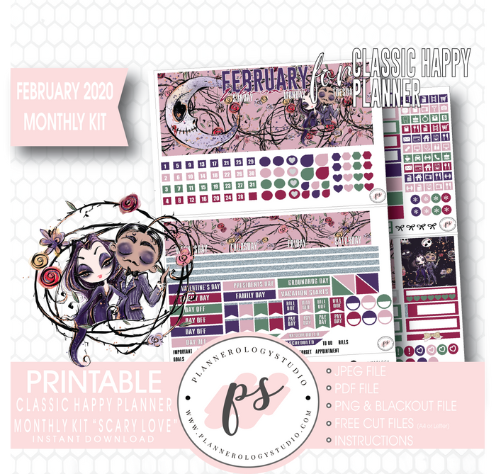 Scary Love (Valentines Day) February 2020 Monthly View Kit Digital Printable Planner Stickers (for use with Classic Happy Planner) - Plannerologystudio