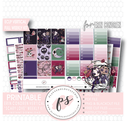 Scary Love (Valentine's Day) Full Weekly Kit Printable Planner Digital Stickers (for use with Erin Condren Vertical) - Plannerologystudio