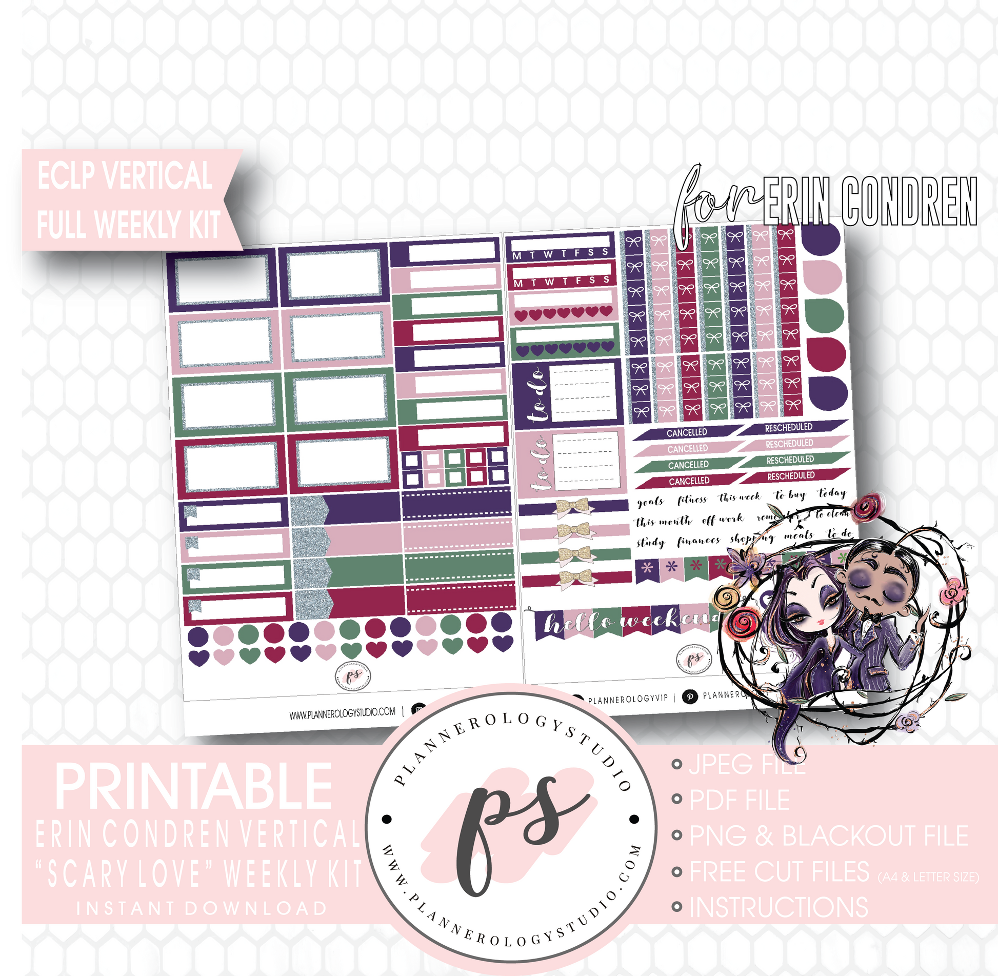 Scary Love (Valentine's Day) Full Weekly Kit Printable Planner Digital Stickers (for use with Erin Condren Vertical) - Plannerologystudio