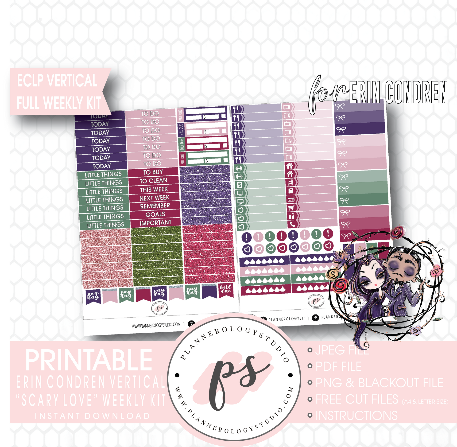 Scary Love (Valentine's Day) Full Weekly Kit Printable Planner Digital Stickers (for use with Erin Condren Vertical) - Plannerologystudio