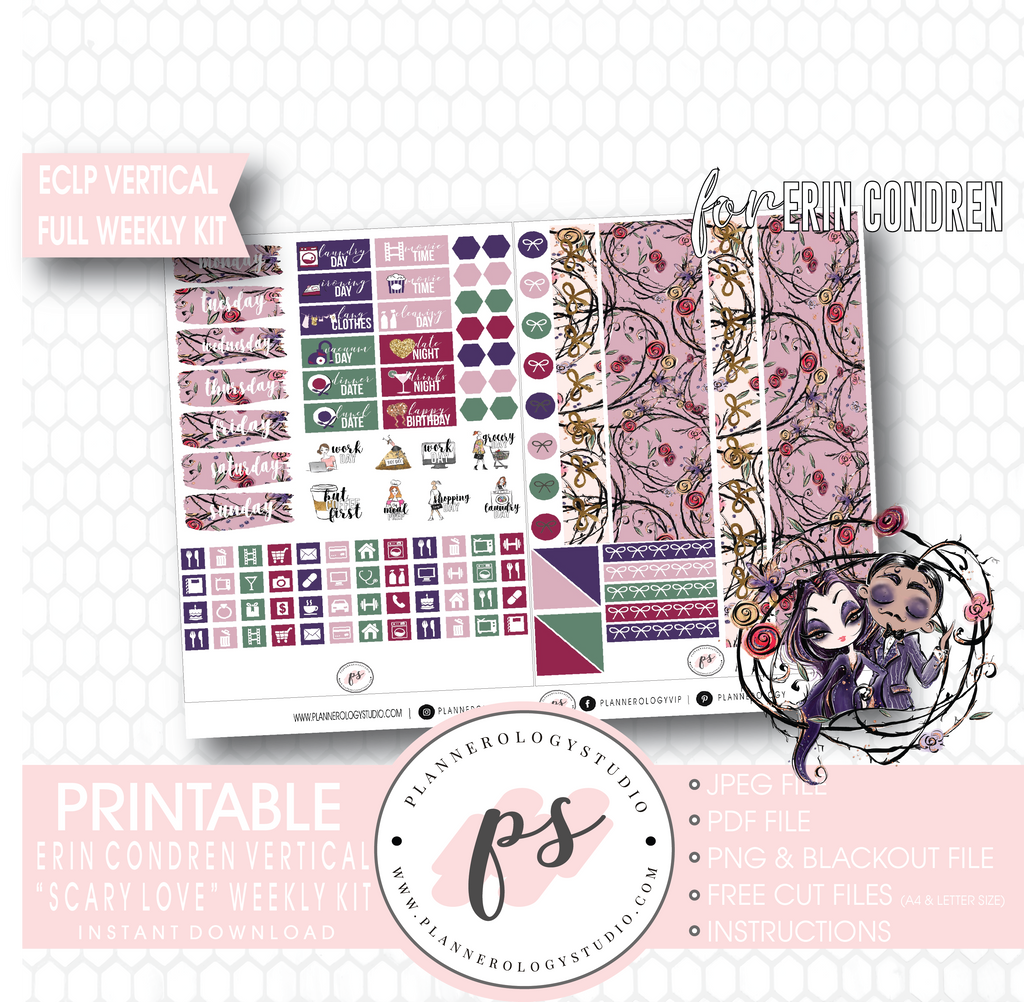 Scary Love (Valentine's Day) Full Weekly Kit Printable Planner Digital Stickers (for use with Erin Condren Vertical) - Plannerologystudio