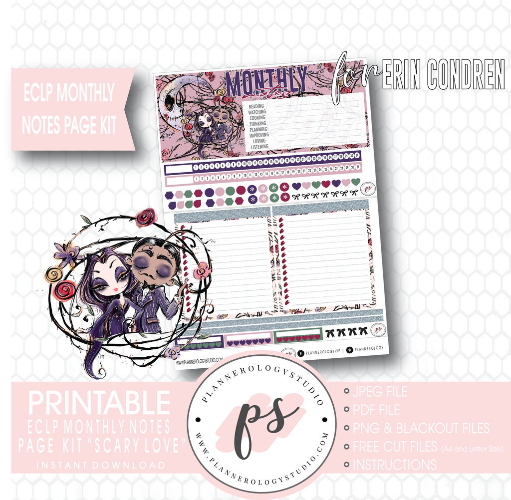 Scary Love (Valentine's Day) Monthly Notes Page Kit Digital Printable Planner Stickers (for use with Erin Condren) - Plannerologystudio