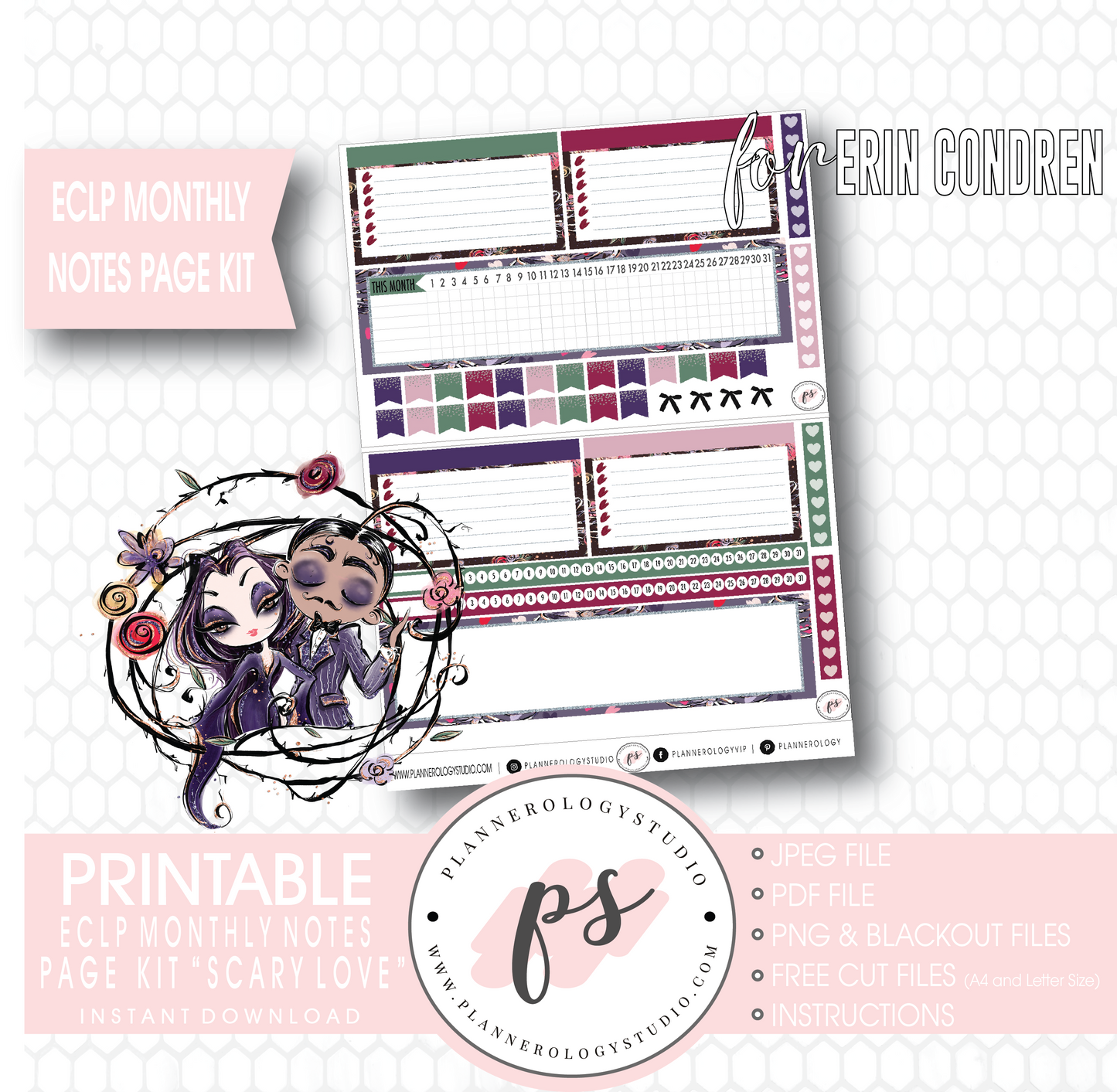Scary Love (Valentine's Day) Monthly Notes Page Kit Digital Printable Planner Stickers (for use with Erin Condren) - Plannerologystudio