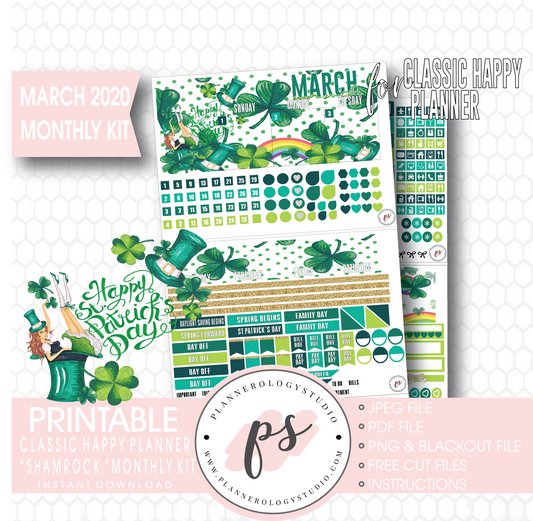 Shamrock St Patrick's Day March 2020 Monthly View Kit Digital Printable Planner Stickers (for use with Classic Happy Planner) - Plannerologystudio
