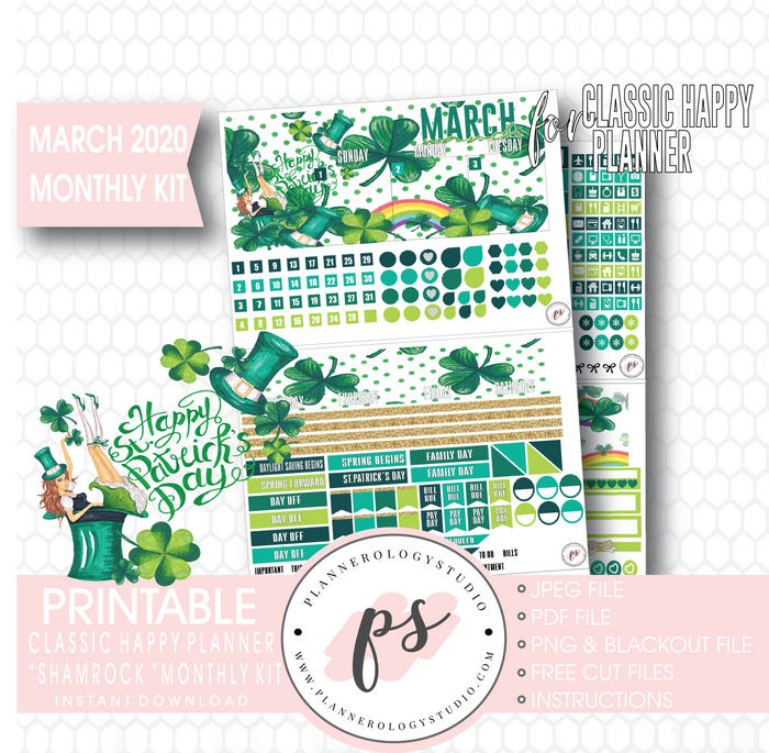 Shamrock St Patrick's Day March 2020 Monthly View Kit Digital Printable Planner Stickers (for use with Classic Happy Planner) - Plannerologystudio
