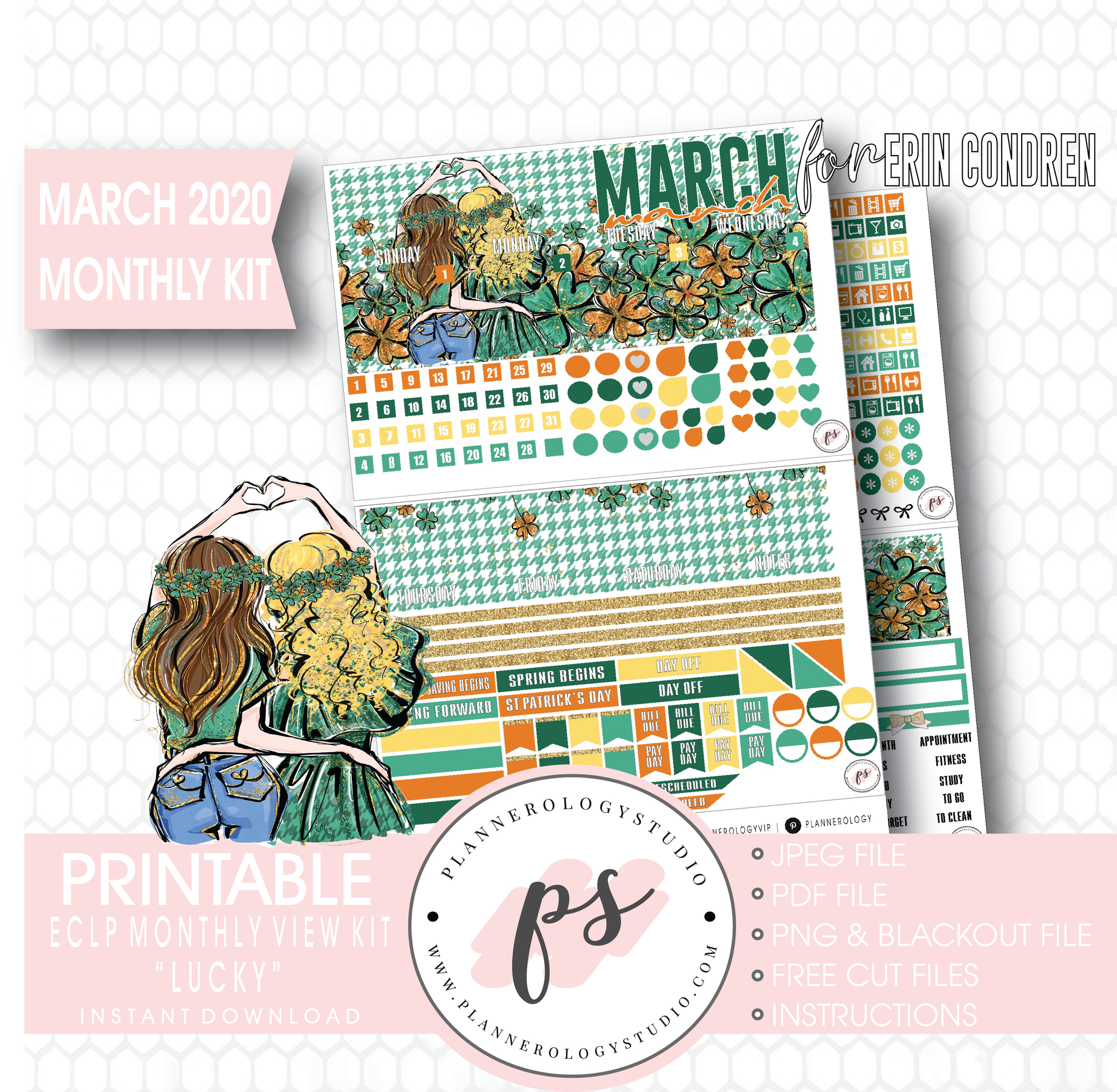Lucky St Patrick's Day March 2020 Monthly View Kit Digital Printable Planner Stickers (for use with Erin Condren) - Plannerologystudio