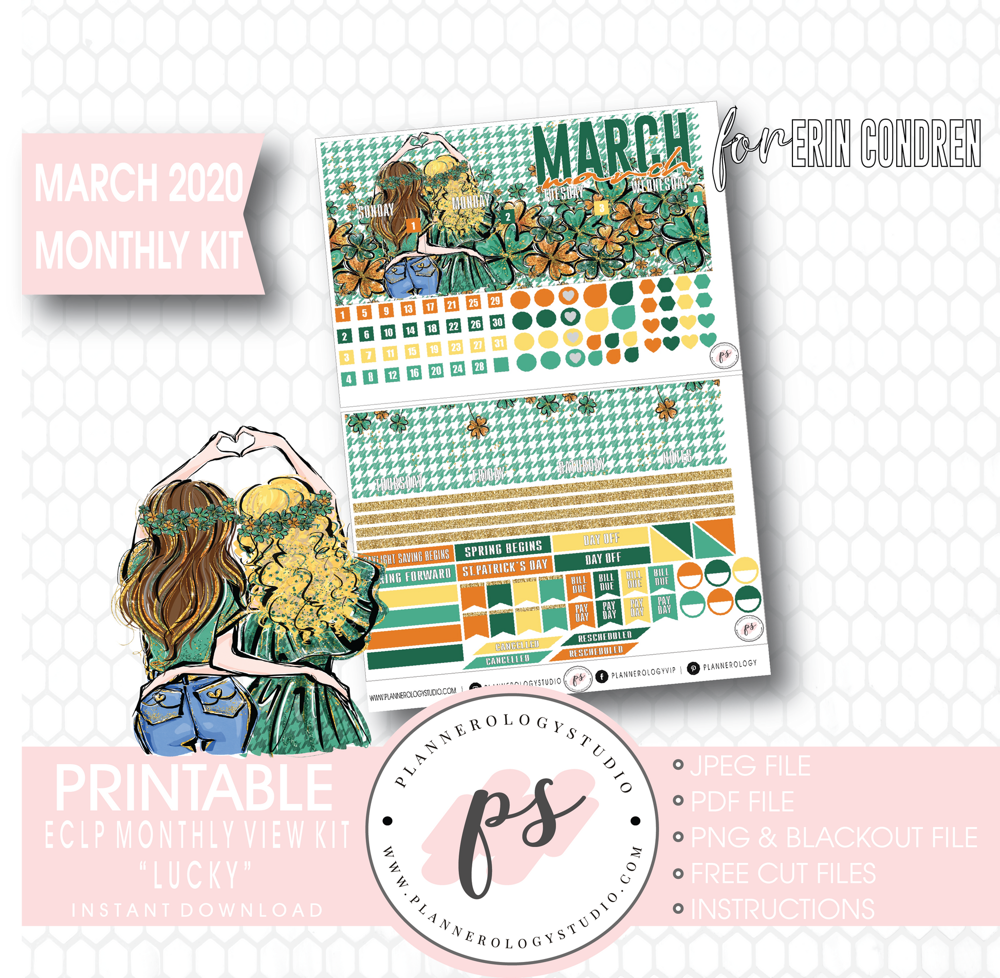 Lucky St Patrick's Day March 2020 Monthly View Kit Digital Printable Planner Stickers (for use with Erin Condren) - Plannerologystudio