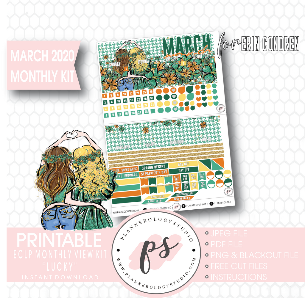 Lucky St Patrick's Day March 2020 Monthly View Kit Digital Printable Planner Stickers (for use with Erin Condren) - Plannerologystudio