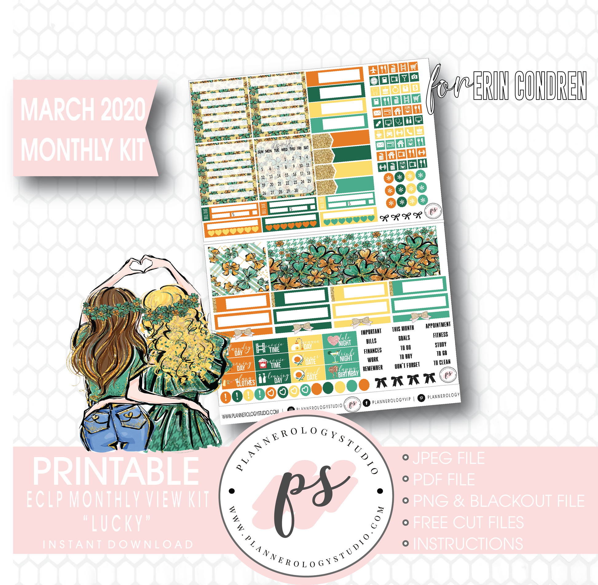 Lucky St Patrick's Day March 2020 Monthly View Kit Digital Printable Planner Stickers (for use with Erin Condren) - Plannerologystudio
