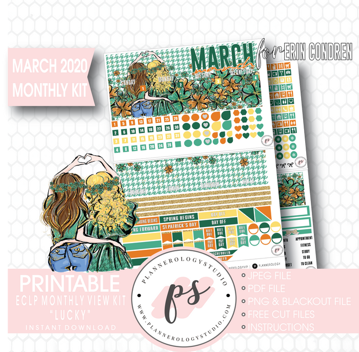 Lucky St Patrick's Day March 2020 Monthly View Kit Digital Printable Planner Stickers (for use with Erin Condren) - Plannerologystudio