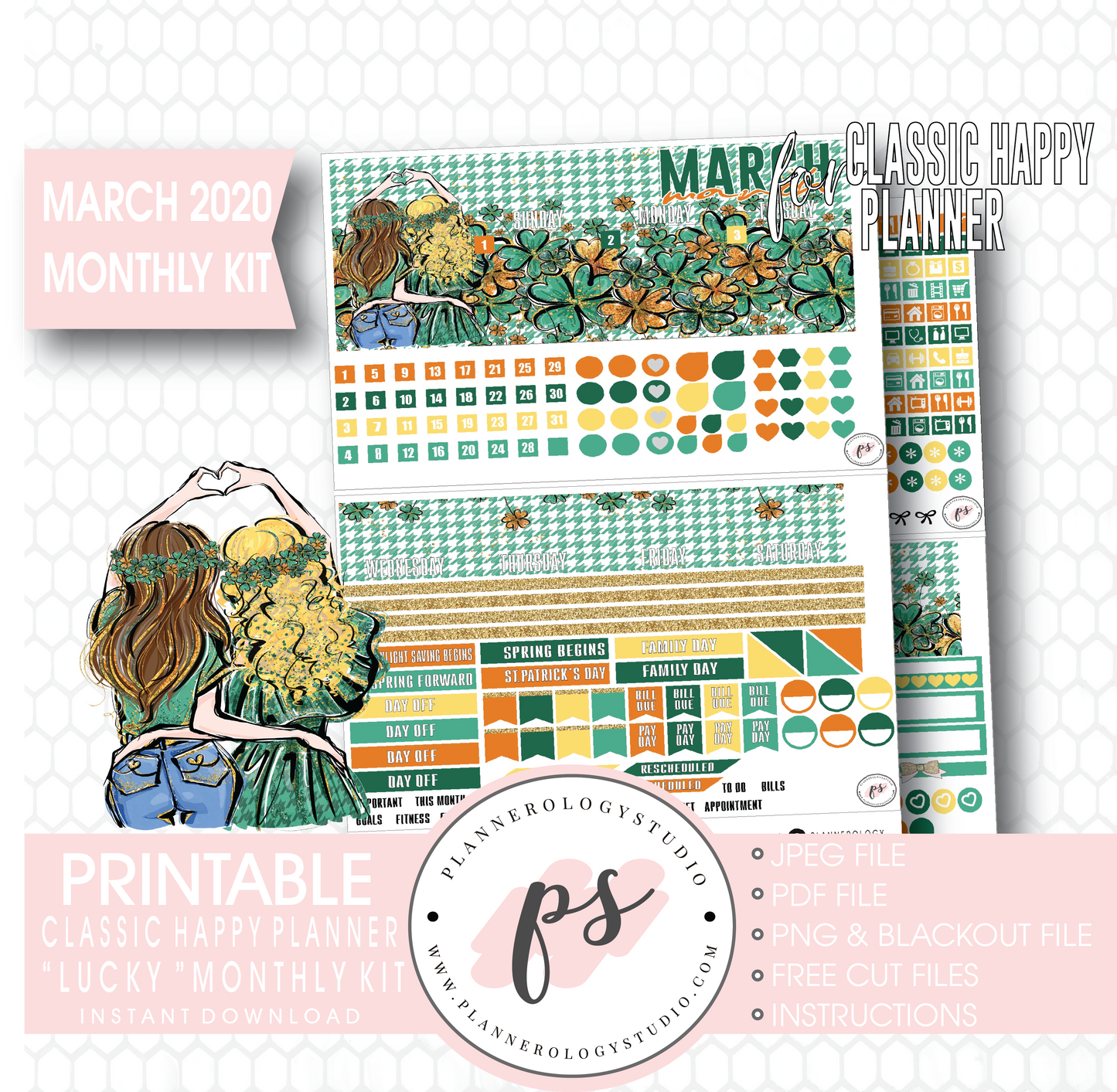 Lucky St Patrick's Day March 2020 Monthly View Kit Digital Printable Planner Stickers (for use with Classic Happy Planner) - Plannerologystudio