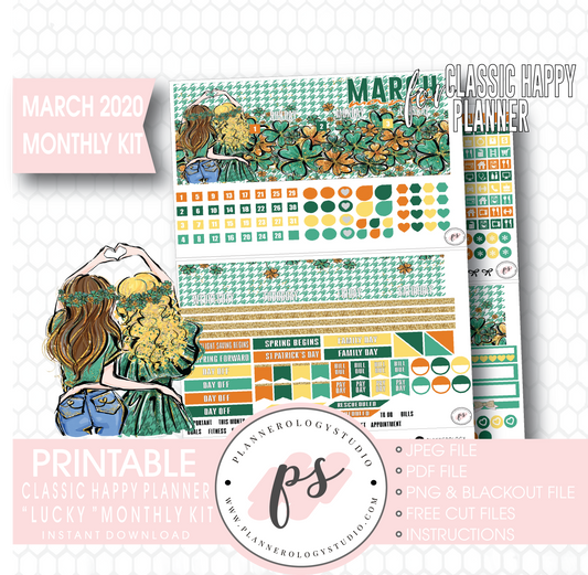 Lucky St Patrick's Day March 2020 Monthly View Kit Digital Printable Planner Stickers (for use with Classic Happy Planner) - Plannerologystudio