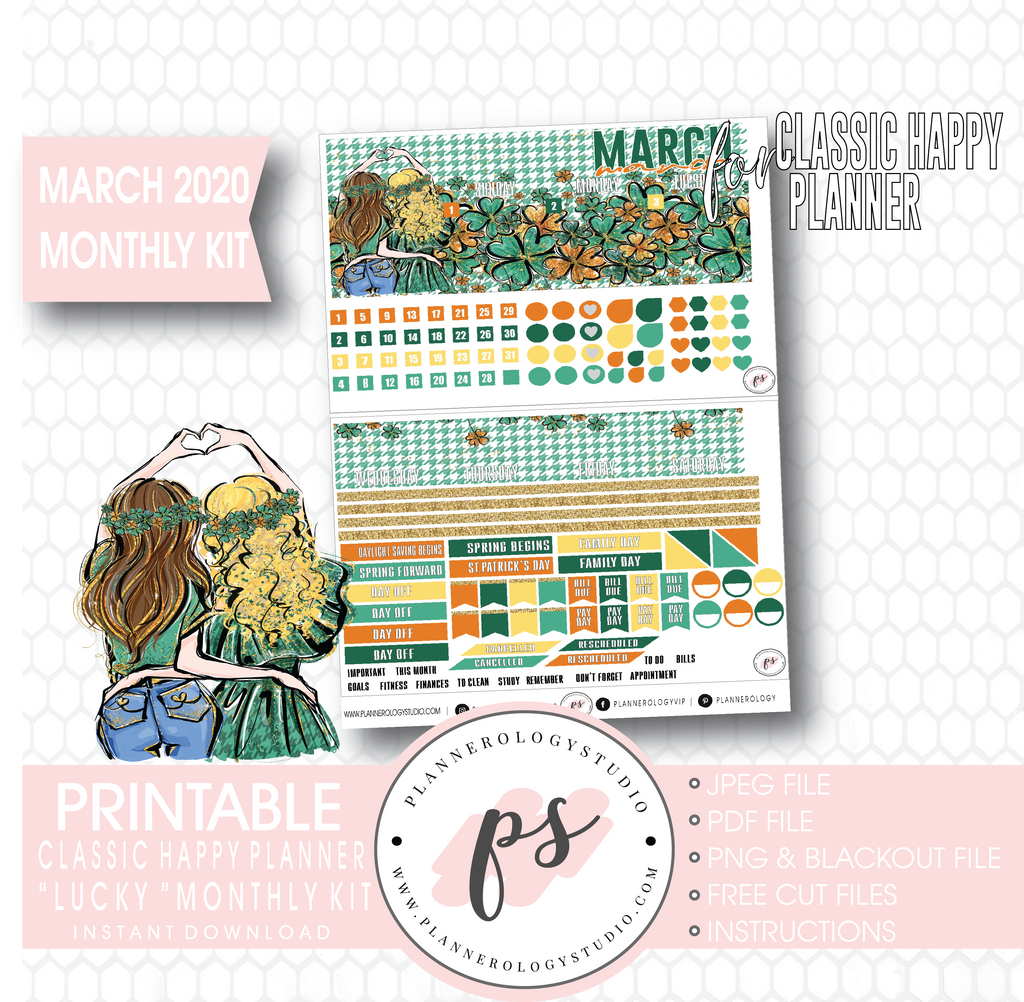 Lucky St Patrick's Day March 2020 Monthly View Kit Digital Printable Planner Stickers (for use with Classic Happy Planner) - Plannerologystudio