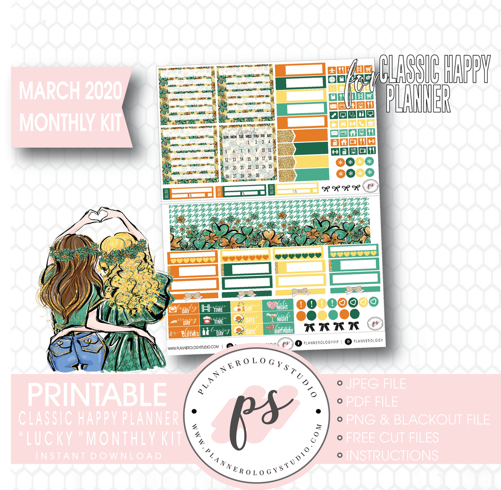 Lucky St Patrick's Day March 2020 Monthly View Kit Digital Printable Planner Stickers (for use with Classic Happy Planner) - Plannerologystudio
