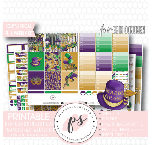 Mardi Gras Full Weekly Kit Printable Planner Digital Stickers (for use with Erin Condren Vertical) - Plannerologystudio