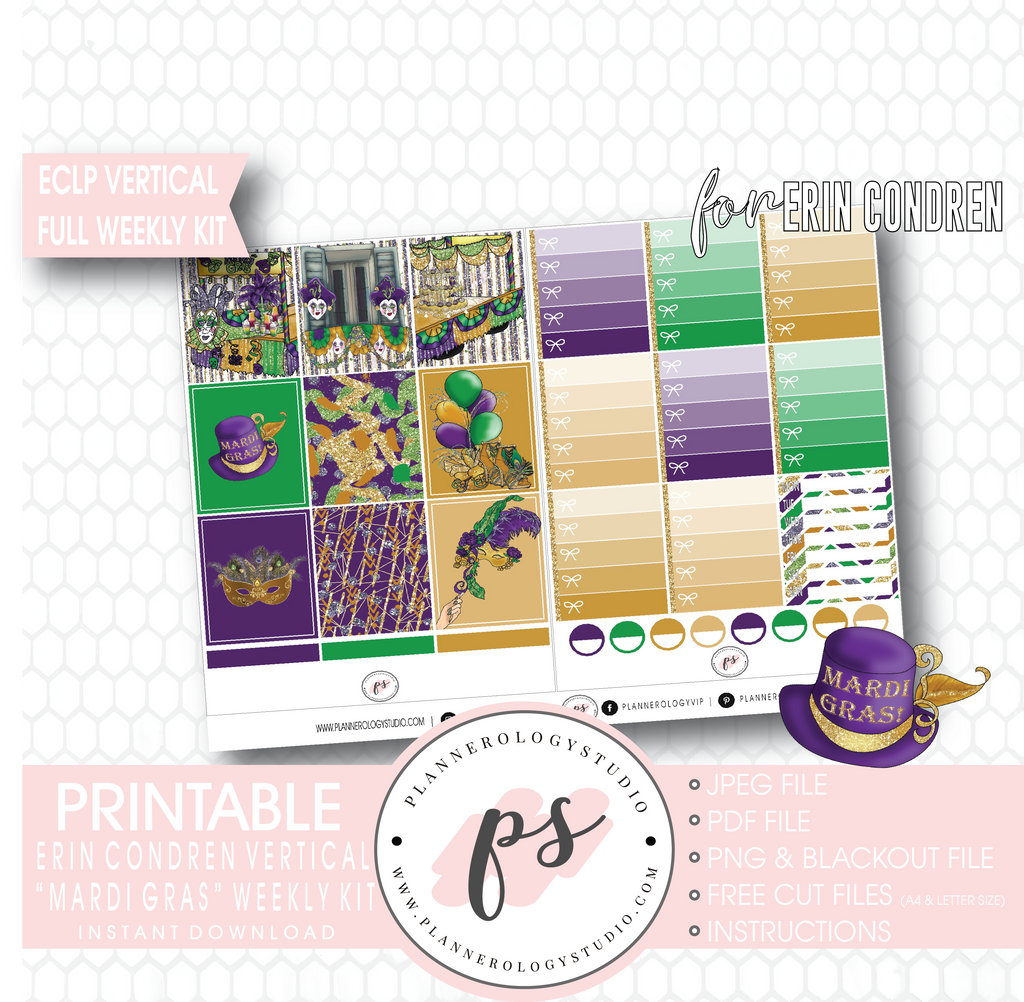 Mardi Gras Full Weekly Kit Printable Planner Digital Stickers (for use with Erin Condren Vertical) - Plannerologystudio