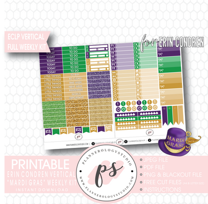 Mardi Gras Full Weekly Kit Printable Planner Digital Stickers (for use with Erin Condren Vertical) - Plannerologystudio