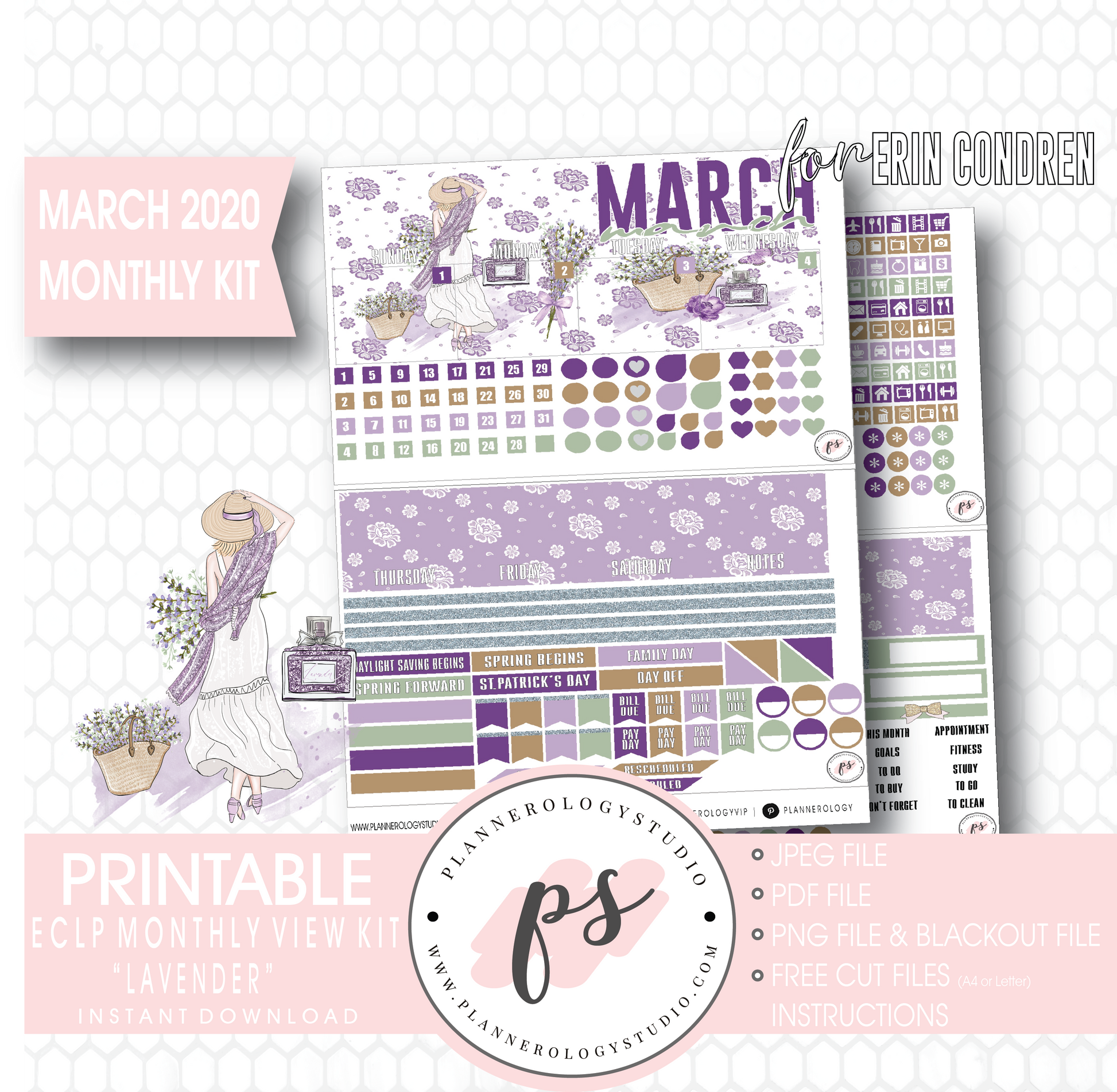 Lavender March 2020 Monthly View Kit Digital Printable Planner Stickers (for use with Erin Condren) - Plannerologystudio