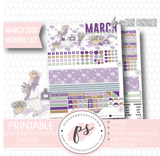 Lavender March 2020 Monthly View Kit Digital Printable Planner Stickers (for use with Erin Condren) - Plannerologystudio