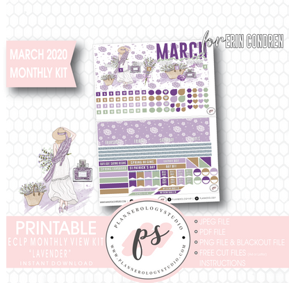 Lavender March 2020 Monthly View Kit Digital Printable Planner Stickers (for use with Erin Condren) - Plannerologystudio