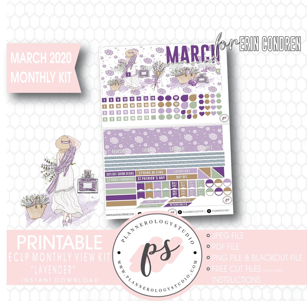 Lavender March 2020 Monthly View Kit Digital Printable Planner Stickers (for use with Erin Condren) - Plannerologystudio