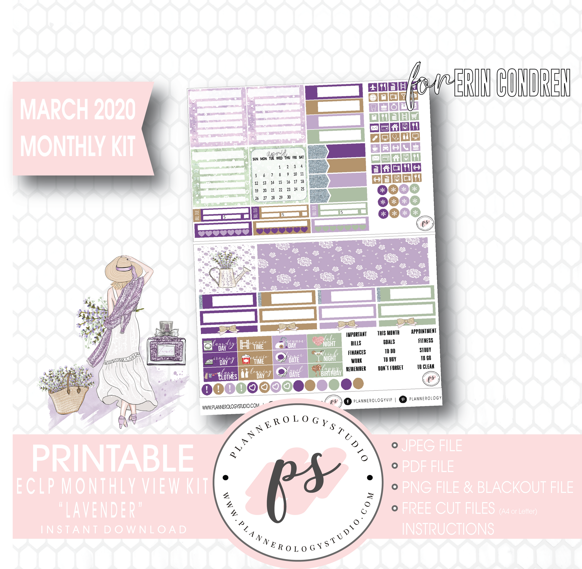 Lavender March 2020 Monthly View Kit Digital Printable Planner Stickers (for use with Erin Condren) - Plannerologystudio