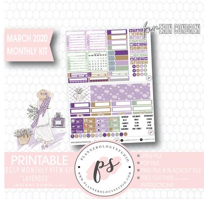 Lavender March 2020 Monthly View Kit Digital Printable Planner Stickers (for use with Erin Condren) - Plannerologystudio