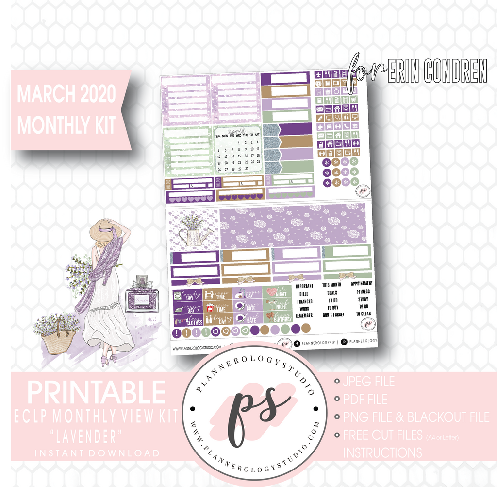 Lavender March 2020 Monthly View Kit Digital Printable Planner Stickers (for use with Erin Condren) - Plannerologystudio