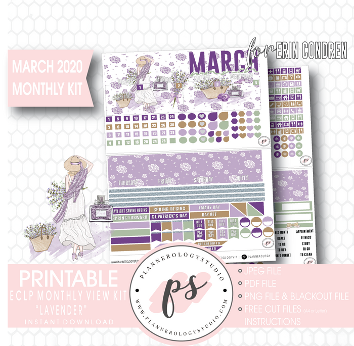 Lavender March 2020 Monthly View Kit Digital Printable Planner Stickers (for use with Erin Condren) - Plannerologystudio