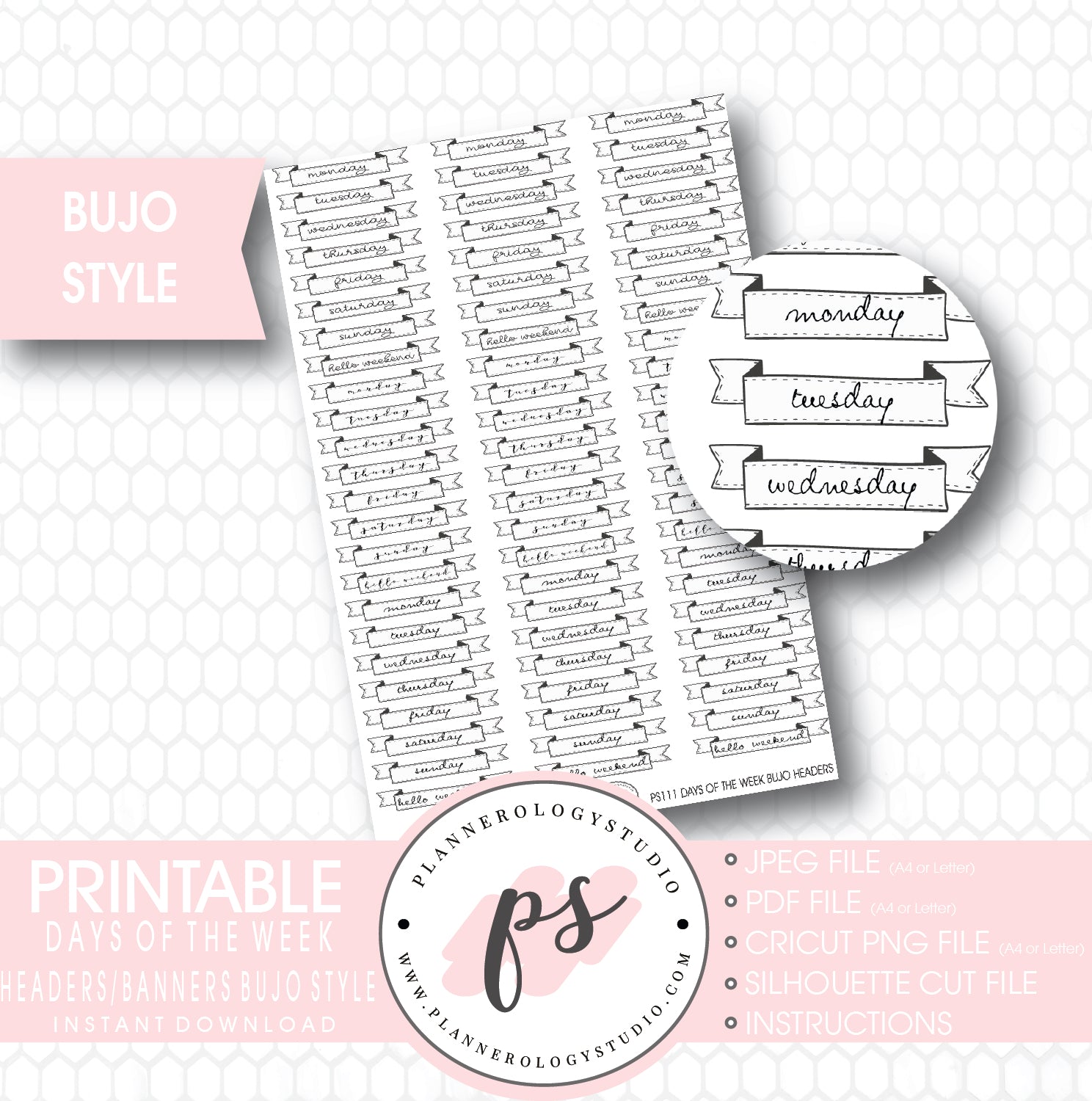 Days of the Week Headers Banners Bullet Journal Bujo Printable Planner Stickers - Plannerologystudio