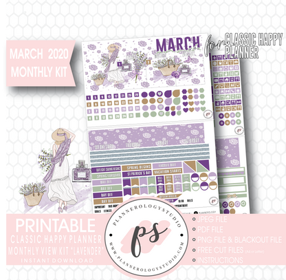Lavender March 2020 Monthly View Kit Digital Printable Planner Stickers (for use with Classic Happy Planner) - Plannerologystudio