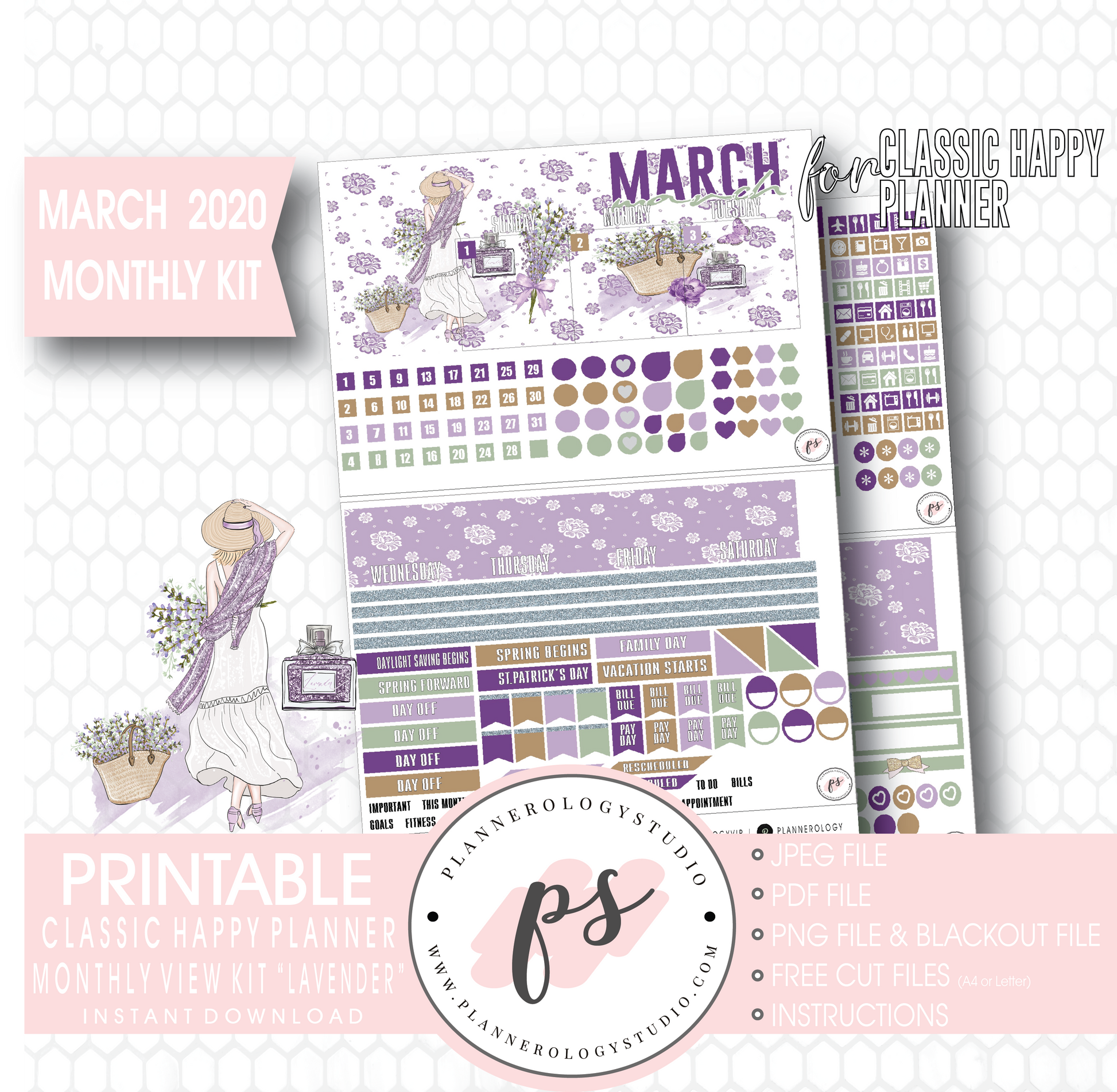 Lavender March 2020 Monthly View Kit Digital Printable Planner Stickers (for use with Classic Happy Planner) - Plannerologystudio