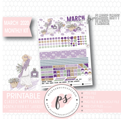 Lavender March 2020 Monthly View Kit Digital Printable Planner Stickers (for use with Classic Happy Planner) - Plannerologystudio