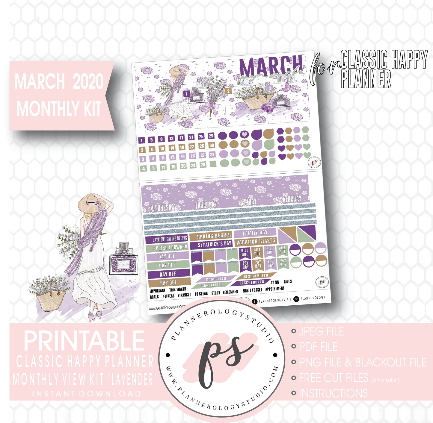 Lavender March 2020 Monthly View Kit Digital Printable Planner Stickers (for use with Classic Happy Planner) - Plannerologystudio