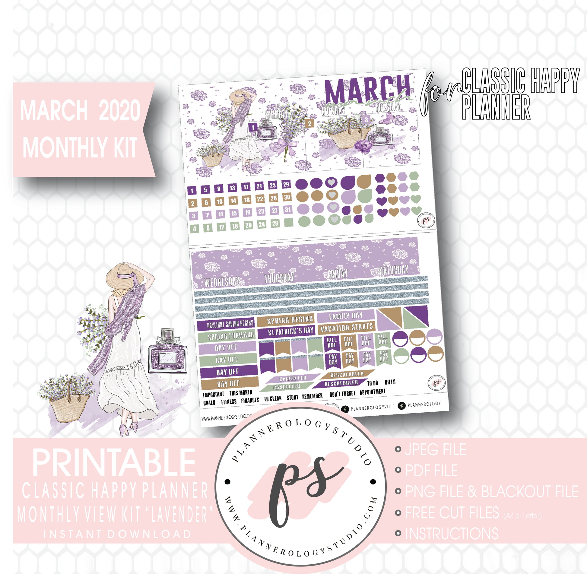 Lavender March 2020 Monthly View Kit Digital Printable Planner Stickers (for use with Classic Happy Planner) - Plannerologystudio