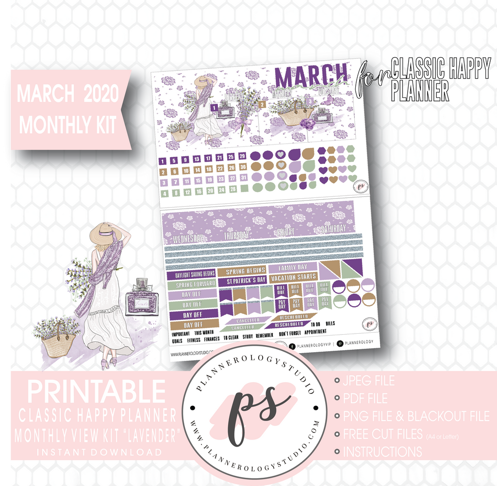 Lavender March 2020 Monthly View Kit Digital Printable Planner Stickers (for use with Classic Happy Planner) - Plannerologystudio