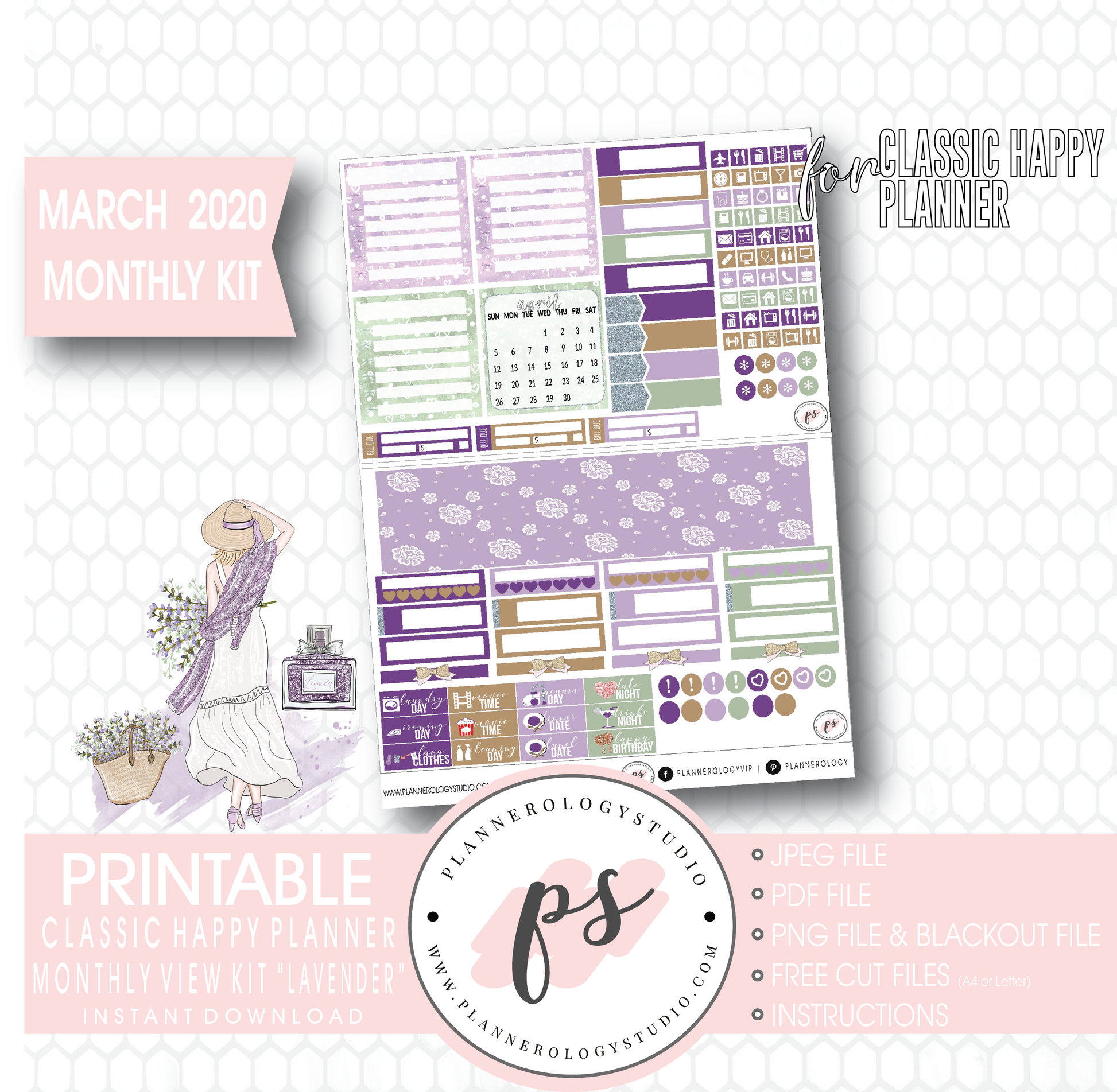 Lavender March 2020 Monthly View Kit Digital Printable Planner Stickers (for use with Classic Happy Planner) - Plannerologystudio