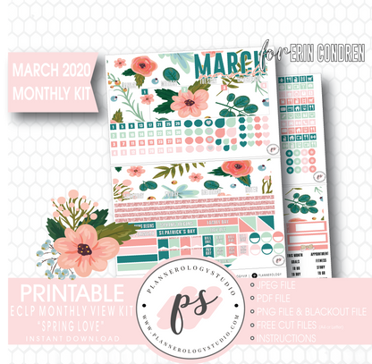 Spring Love March 2020 Monthly View Kit Digital Printable Planner Stickers (for use with Erin Condren) - Plannerologystudio