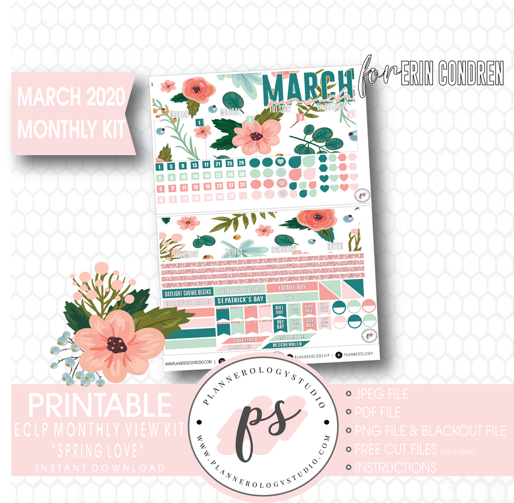 Spring Love March 2020 Monthly View Kit Digital Printable Planner Stickers (for use with Erin Condren) - Plannerologystudio