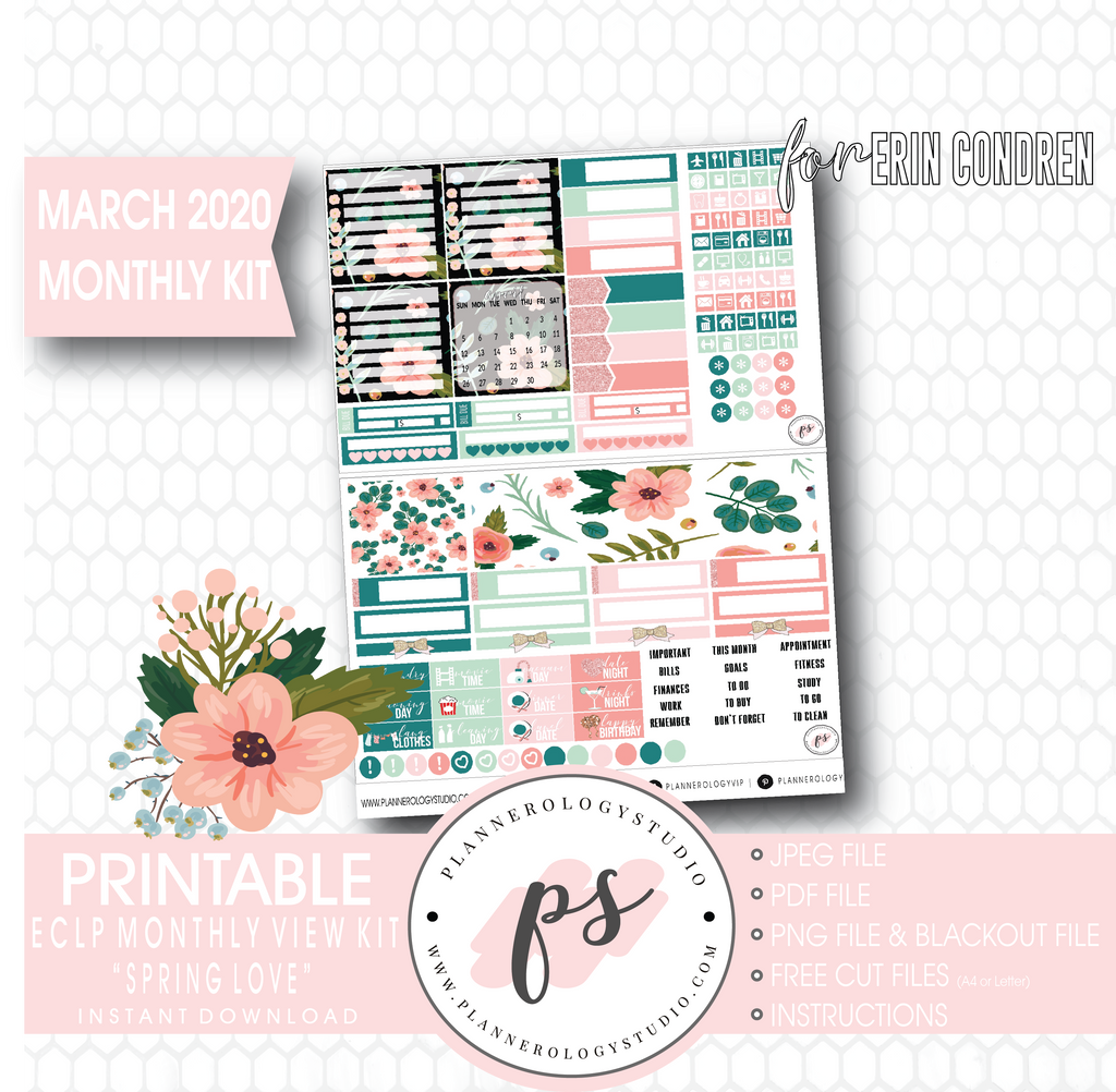 Spring Love March 2020 Monthly View Kit Digital Printable Planner Stickers (for use with Erin Condren) - Plannerologystudio