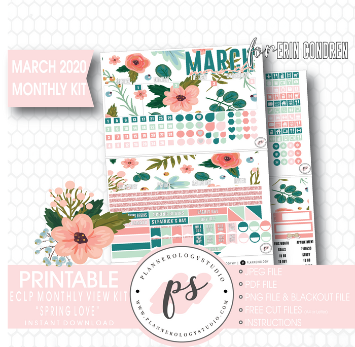 Spring Love March 2020 Monthly View Kit Digital Printable Planner Stickers (for use with Erin Condren) - Plannerologystudio