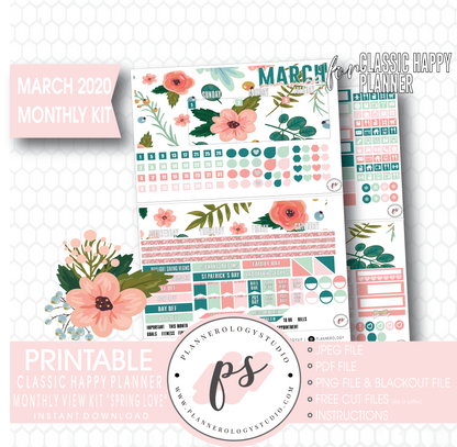 Spring Love March 2020 Monthly View Kit Digital Printable Planner Stickers (for use with Classic Happy Planner) - Plannerologystudio