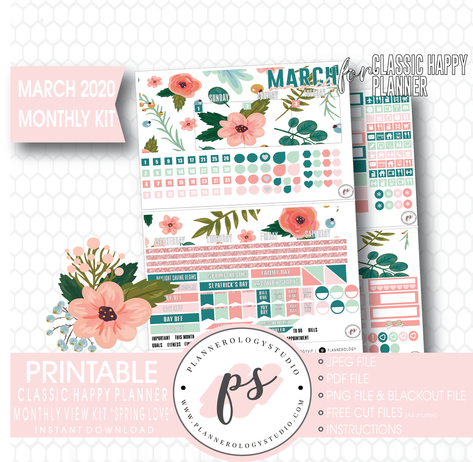 Spring Love March 2020 Monthly View Kit Digital Printable Planner Stickers (for use with Classic Happy Planner) - Plannerologystudio