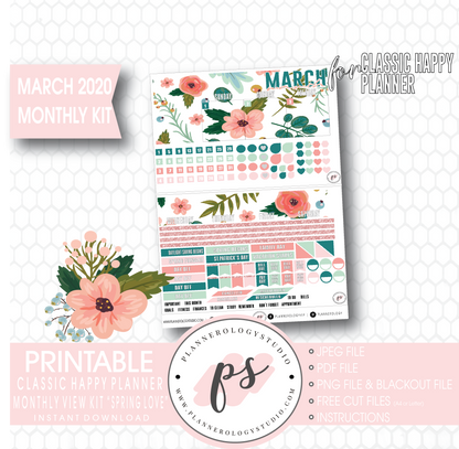 Spring Love March 2020 Monthly View Kit Digital Printable Planner Stickers (for use with Classic Happy Planner) - Plannerologystudio