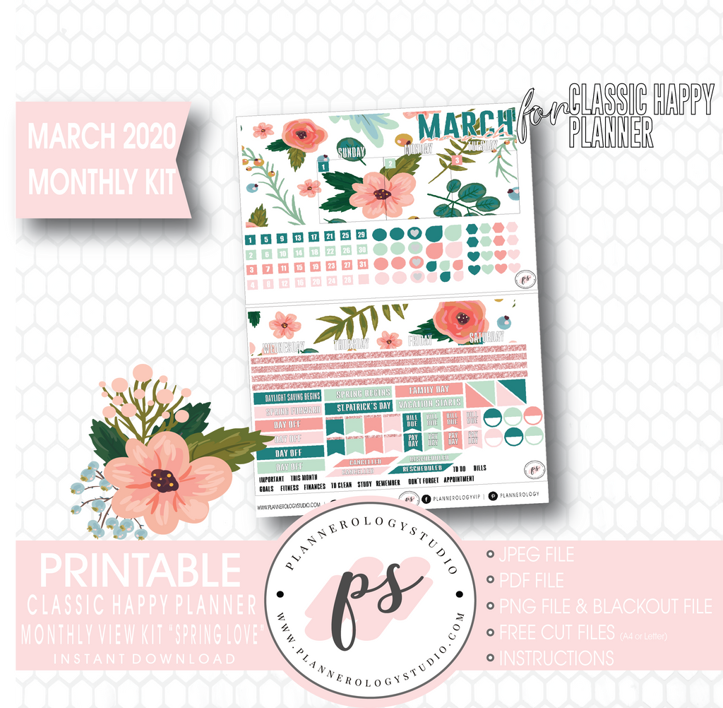 Spring Love March 2020 Monthly View Kit Digital Printable Planner