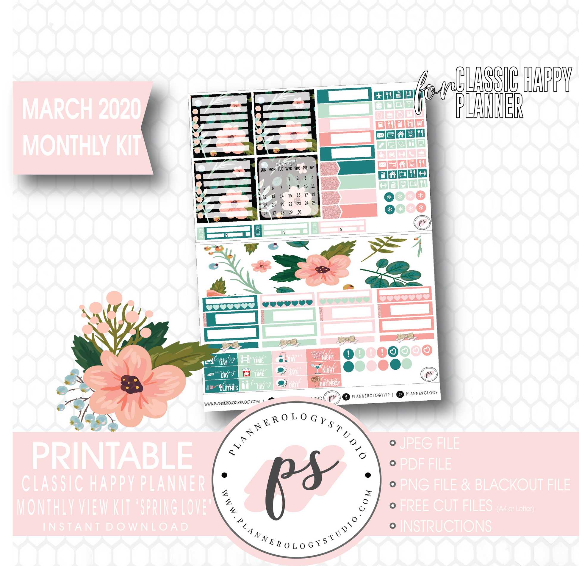 Spring Love March 2020 Monthly View Kit Digital Printable Planner Stickers (for use with Classic Happy Planner) - Plannerologystudio