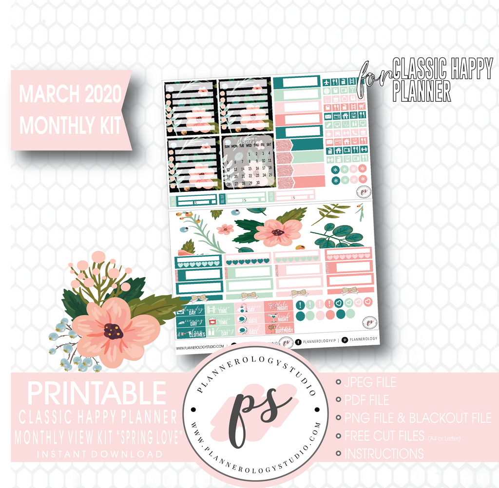Spring Love March 2020 Monthly View Kit Digital Printable Planner Stickers (for use with Classic Happy Planner) - Plannerologystudio