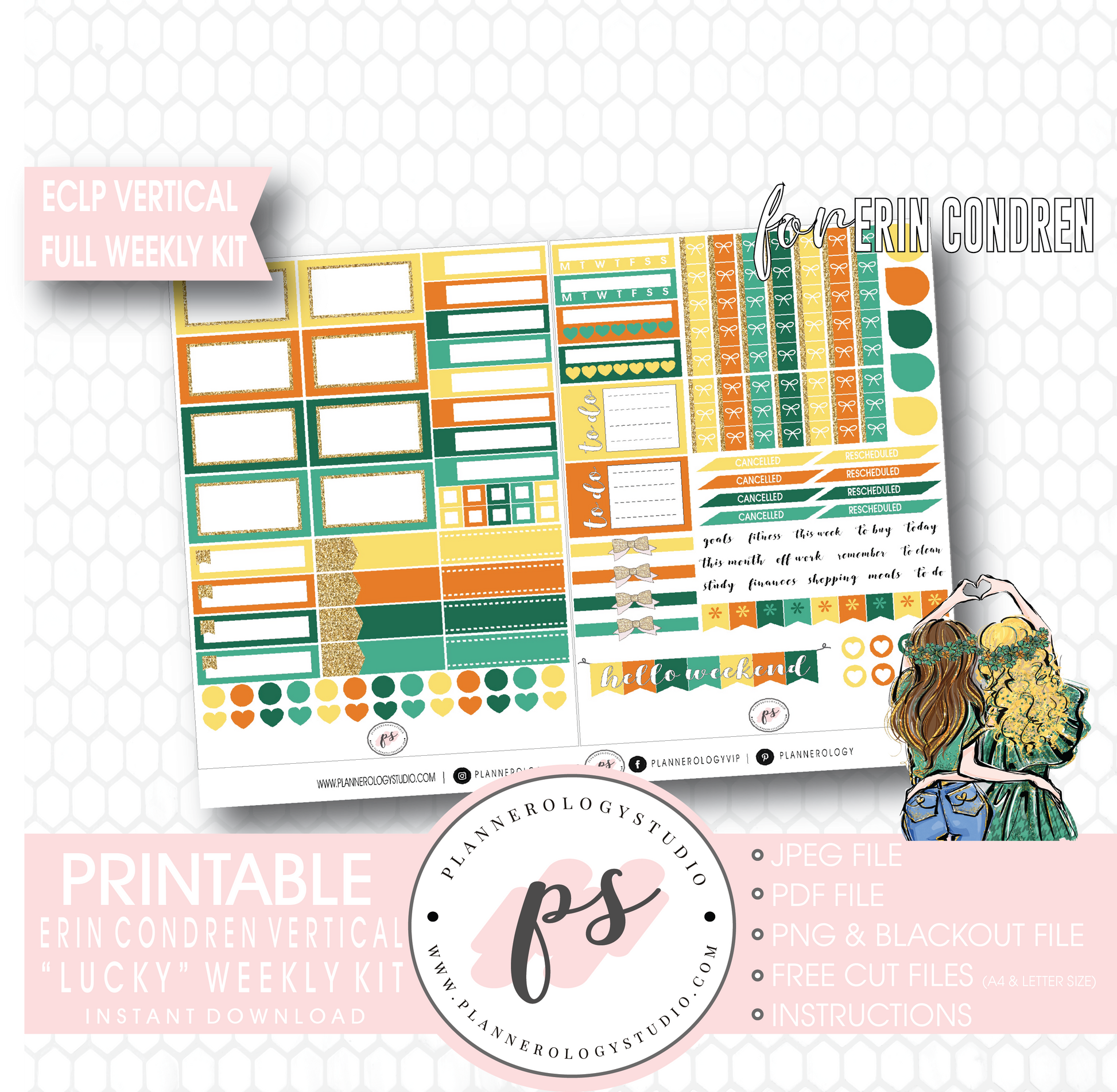 Lucky (St Patrick's Day) Full Weekly Kit Printable Planner Digital Stickers (for use with Erin Condren Vertical) - Plannerologystudio