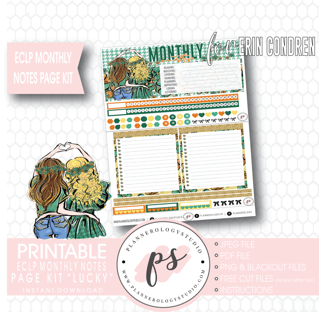 Lucky (St Patrick's Day) Monthly Notes Page Kit Digital Printable Planner Stickers (for use with ECLP) - Plannerologystudio